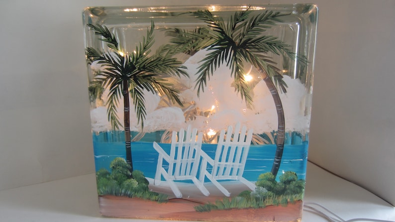 Palm Trees and 2 Beach Chairs, Glass Lighted Block, Tropical Scene On A Lighted Block Hand Painted image 1