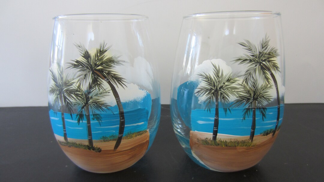 2 Palm Tree Stemless Wine Glasses Tropical Scene Hand Painted You Are