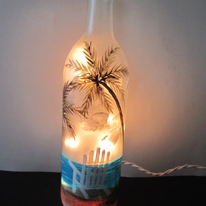 BEACH CHAIR and PALM Trees on a Frosted Lighted Bottle * Tropical Scene*Ocean, Sand, Palm ,Chair***Hand Painted**  Electric Lights**