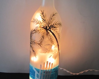 BEACH CHAIR and PALM Trees on a Frosted Lighted Bottle * Tropical Scene*Ocean, Sand, Palm ,Chair***Hand Painted**  Electric Lights**