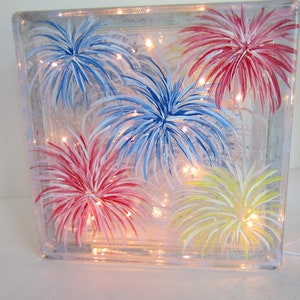 Glass Lighted Fireworks Block **Fireworks, Red, White, Blue and Yellow  Patriotic Block *** Lighted Block* Hand Painted *** Electric Lights