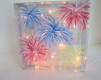 Glass Lighted Fireworks Block **Fireworks, Red, White, Blue and Yellow  Patriotic Block *** Lighted Block* Hand Painted *** Electric Lights