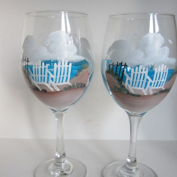 2 Beach Chair Hand Painted Wine Glasses  ** Large Painted Glasses,  Beach Scene ** Tropical Setting Wine Glasses**  You are Buying 2 Glasses