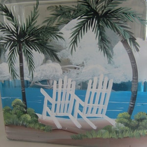 Palm Trees and 2 Beach Chairs, Glass Lighted Block, Tropical Scene On A Lighted Block Hand Painted image 3