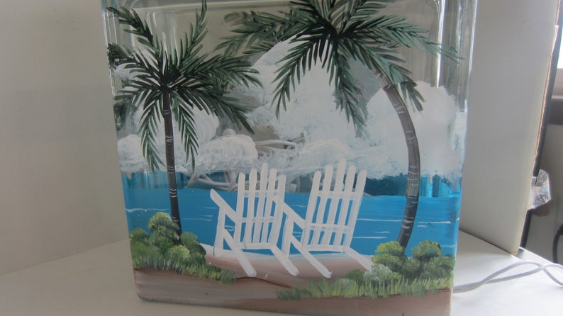 Palm Trees and 2 Beach Chairs, Glass Lighted Block, Tropical Scene On A Lighted Block Hand Painted image 3
