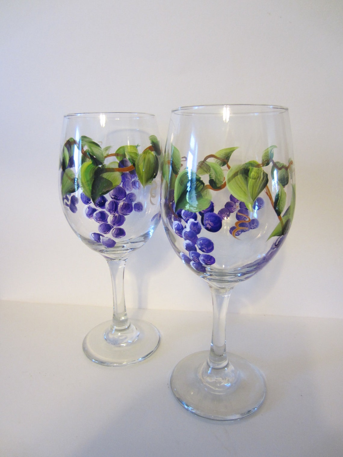 2 Grape Wine Glasses, Large Hand Painted Glasses ** Purple Grapes on ...