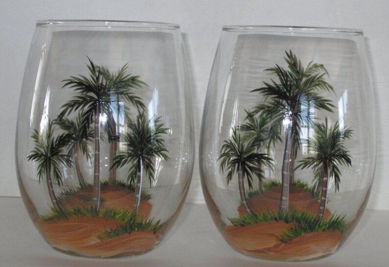 2 Palm Tree Stemless Hand Painted Wine Glasses 2 Glasses Etsy