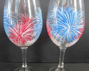 July Fourth Fireworks Hand Painted Wine Glasses Set of 2 - 21 Oz. New Years  Eve Independence Day July 4th Red White & Blue Painted Glassware - Etsy