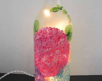 Colorful Hydrangeas on a Frosted Lighted Bottle   Spring, Summer Flowers *Hand Painted  Bottle *Night Light *Electric Lights