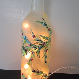 Decorative Garland Covering a Frosted Lighted Bottle**Great Holiday, Winter, Christmas Bottle** Electric Lights**