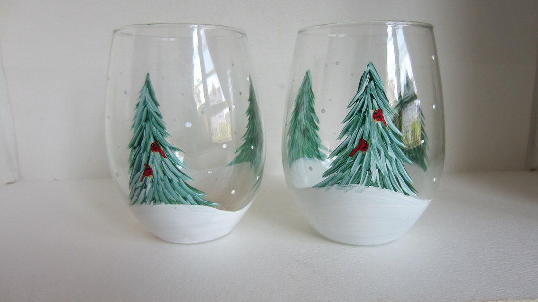 2 WINTER EVERGREEN STEMLESS Trees Glasses With Cardinals Hand Painted Wine Glasses Etsy