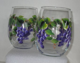 2 Grape  Stemless Hand Painted Wine Glasses **  You Are Buying  2 Glasses **