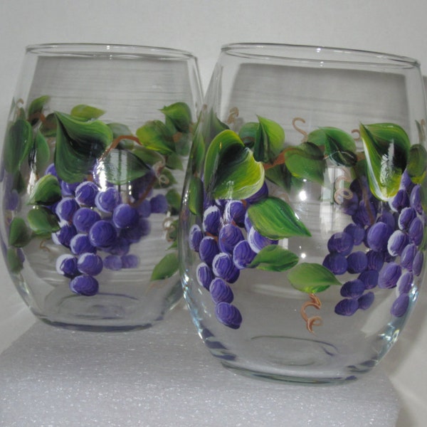 2 Grape  Stemless Hand Painted Wine Glasses **  You Are Buying  2 Glasses **