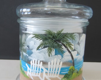 Beach Chairs and Palm Trees * Beach Scene**Cylinder Shape Glass Jar, *Storage Jar, Apothecary Style,  Tight Lid * Hand Painted  All Around