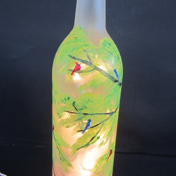 Spring Leaves on Branches With Cardinals and  Bluebirds **Hand Painted ** Frosted Lighted Bottle *** Bar Light *Night Light *Electric Lights