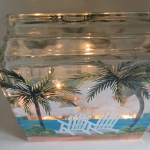 Palm Trees and 2 Beach Chairs, Glass Lighted Block, Tropical Scene On A Lighted Block Hand Painted image 9