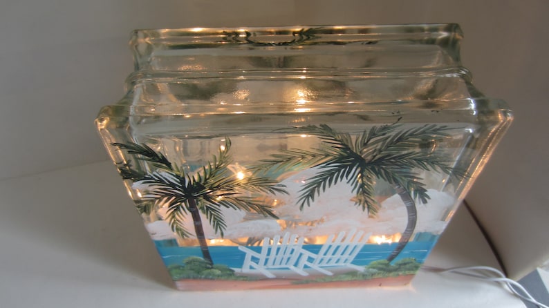 Palm Trees and 2 Beach Chairs, Glass Lighted Block, Tropical Scene On A Lighted Block Hand Painted image 9