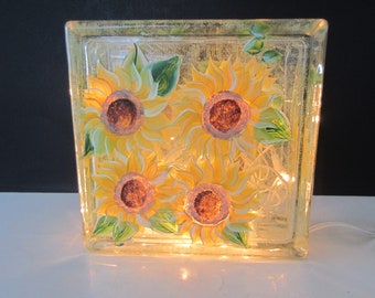 SUNFLOWERS Glass Lighted Block **Summer Sunflower Scene *  Yellow, Green, Brown, Colorful Flower Scene On A  Lighted Block**** Hand Painted