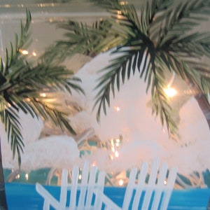 Palm Trees and 2 Beach Chairs, Glass Lighted Block, Tropical Scene On A Lighted Block Hand Painted image 2