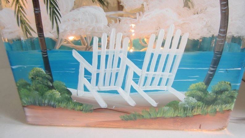 Palm Trees and 2 Beach Chairs, Glass Lighted Block, Tropical Scene On A Lighted Block Hand Painted image 6