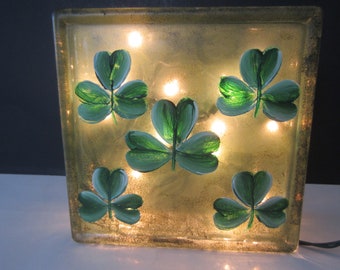 SHAMROCKS for St PATRICKS Day Block*  Bright Shades of Green Shamrocks**Green Sponged Background***    Hand Painted All The Way Around ***