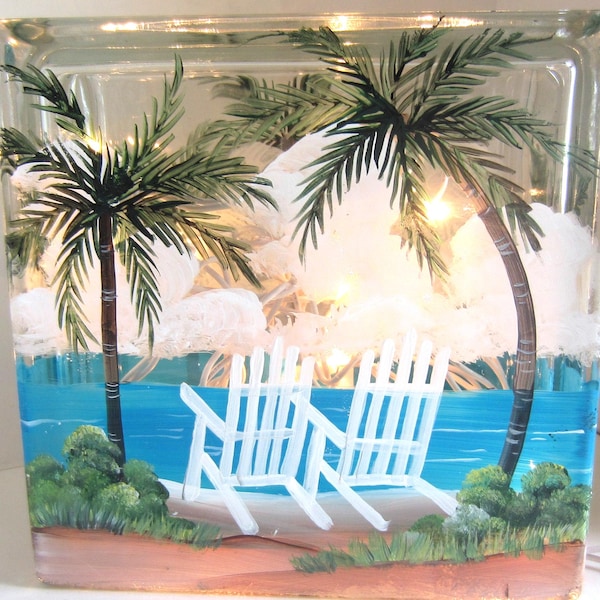 Palm Trees and 2 Beach Chairs, Glass Lighted Block *Coastal Decor  *Tropical  Scene On A  Lighted Block**** Hand Painted All Around