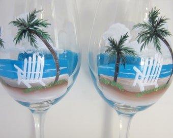 2 Wine Glasses Beach Chair With Palm Trees Tropical Wine Glasses   ** Large Hand Painted **  Wine Glasses**  You are Buying 2 Glasses