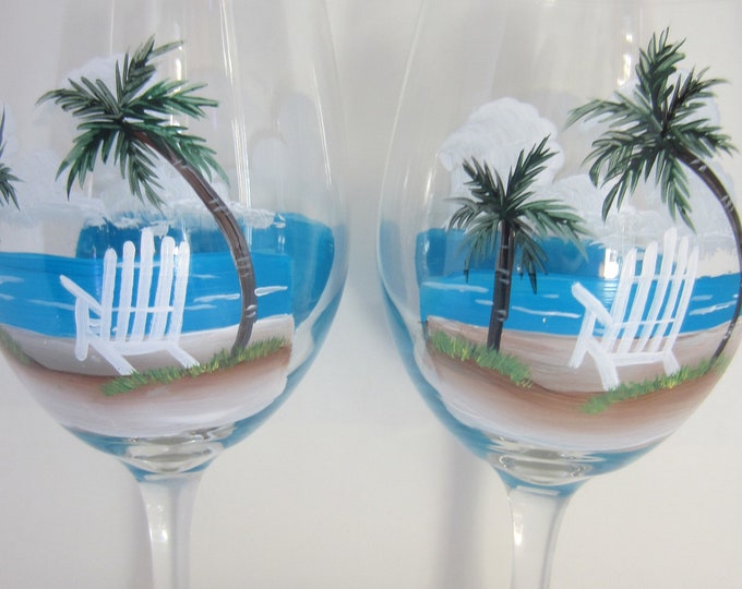 2 Wine Glasses Beach Chair With Palm Trees Tropical Wine Glasses * Coastal Decor* Large Hand Painted **  Wine Glasses**  Buying 2 Glasses