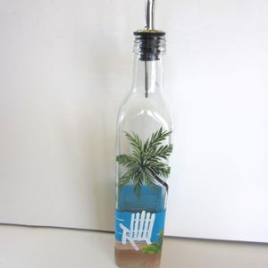 Oil Bottle ** Beach Chair and Palm Trees on a  Oil or Vinegar  Bottle * Coastal Decor *Hand Painted**  Removable Metal Stopper