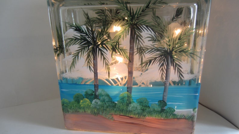 Palm Trees and 2 Beach Chairs, Glass Lighted Block, Tropical Scene On A Lighted Block Hand Painted image 4