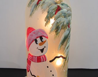 Snowman Feeding the Cardinals Next to a  Whimsical Evergreen Tree **** Cardinals on a Frosted Lighted Bottle** Electric Lights