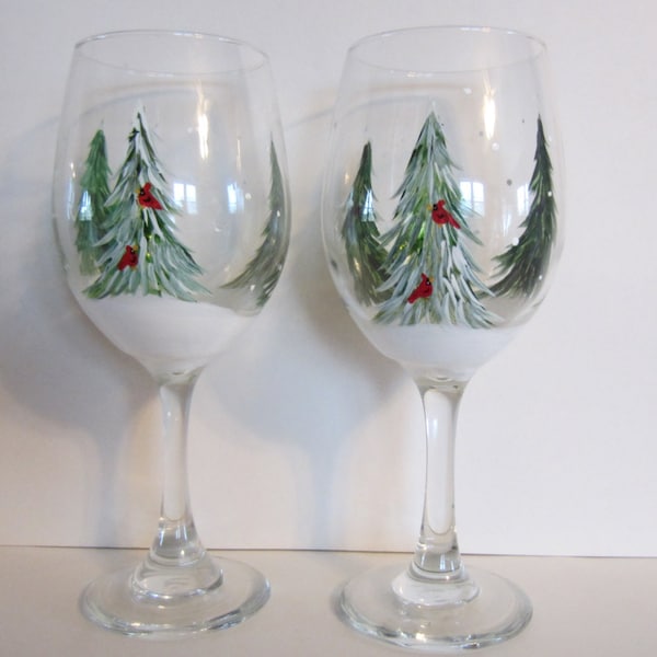 2  WINTER EVERGREEN TREES ** Large Hand Painted Wine Glasses**  With Cardinals Hand Painted  Wine  Glasses**You are Buying 2 Glasses