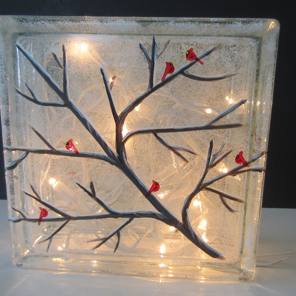 WINTER BRANCH with CARDINALS  Lighted Block ** Snow Covered Branches and Red Cardinals** White Sponged Background * Hand Painted **
