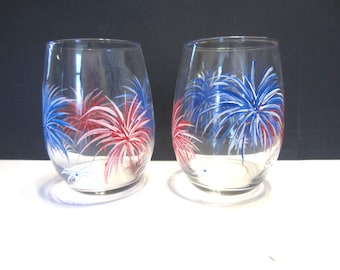 2 Stemless Red, White, Blue Fireworks  Glasses , Ready For Summer Holidays * Buying 2 Patriotic Hand Painted  Stemless Glasses*