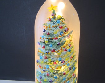 Decorated Christmas Tree Frosted Lighted Bottle* New Style Evergreen Tree *Great Holiday, Winter, Christmas Bottle***Electric Lights**