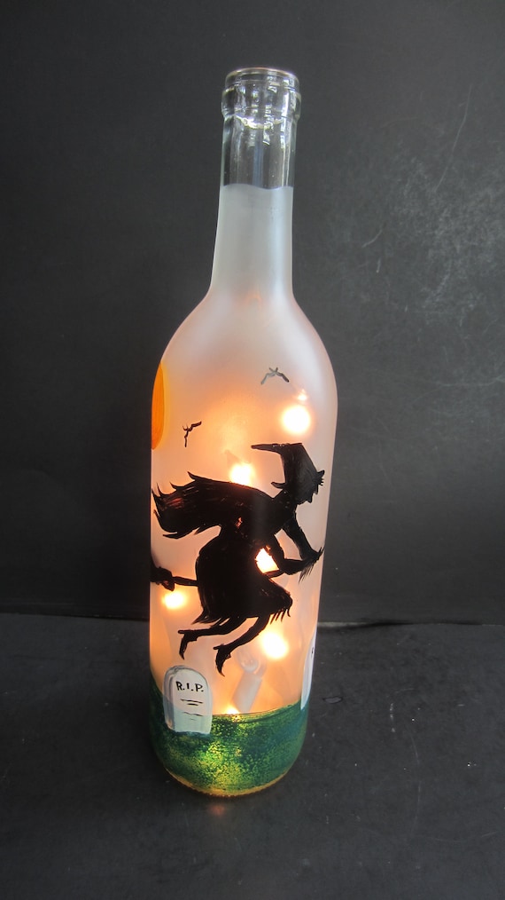 Hand Painted Flying Witch**Lighted Halloween Wine Bottle * Bats, Witch, Moon**Night Light **Lighted Lantern* Frosted Bottle* Electric Lights