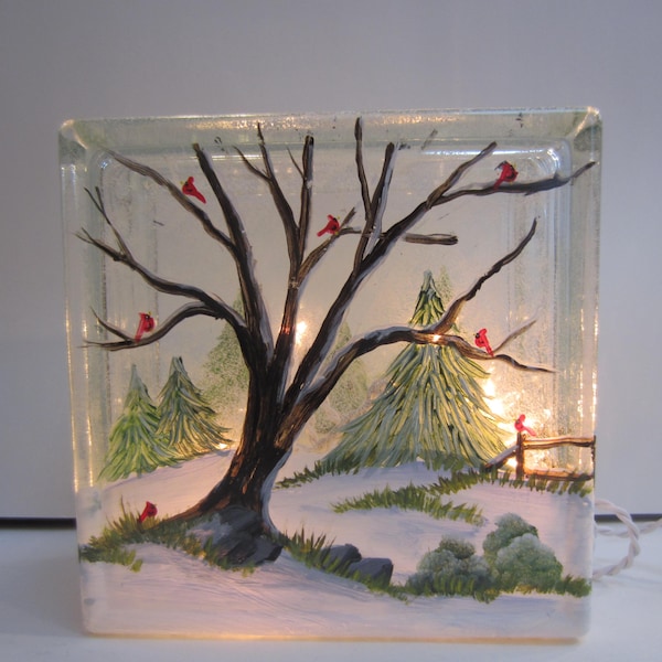 Winter Tree Lighted Block***Winter Scene On Lighted Block**Cardinals in Evergreen Trees* Split Rail Fence* Hand Painted**Painted all Around