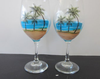 2 Wine Glasses With Palm Trees **Tropical Wine Glasses  ** Large Hand Painted * Coastal Decor *  Wine Glasses**  You are Buying 2 Glasses