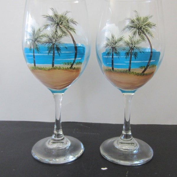2 Wine Glasses With Palm Trees Tropical Wine Glasses   ** Large Hand Painted **  Wine Glasses**  You are Buying 2 Glasses