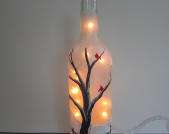 Winter Tree With Cardinals Lighted Frosted Wine Bottle* Split Rail Fence**Great Holiday, Winter, Christmas Bottle*** Electric Lights**