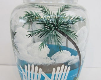 Cookie Jar Palm Trees and Beach Chairs with a Beach Scene * Large Round Cookie Jar, Storage Jar, Glass Tight Lid * Hand  Painted  All Around