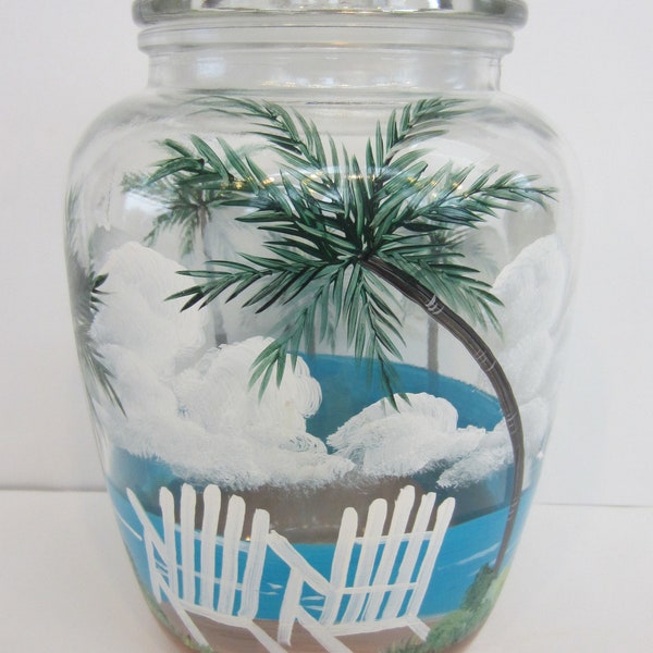 Cookie Jar Palm Trees and Beach Chairs with a Beach Scene * Large Round Cookie Jar, Storage Jar, Glass Tight Lid * Hand  Painted  All Around