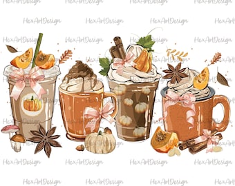 fall coffee cups PNG, coquette pumpkin, cozy autumn, pumpkin coffee, digital file sublimation design hand drawn printable tshirt