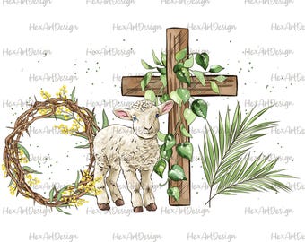 May include: A watercolor illustration of a white lamb standing next to a wooden cross with green vines. A wreath of yellow flowers and thorns is on the left side of the image. A green palm leaf is on the right side of the image.