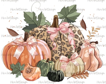 May include: A group of pumpkins with pink bows. The pumpkins are decorated with leopard print, orange, and green. There are leaves and fall-themed elements around the pumpkins.