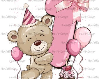 Ours en peluche 1er anniversaire PNG, coquette numéro un, ballon bébé fille png, fichier numérique, conception par sublimation, dessiné à la main, t-shirt imprimable