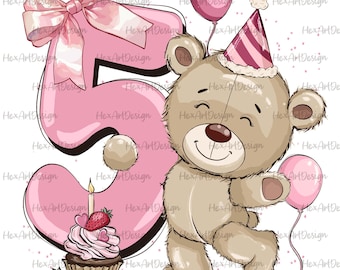 May include: A digital illustration featuring a pink number 5 with a bow, a teddy bear wearing a party hat, and a cupcake with strawberries. The bear holds two pink balloons. The design is on a white background.