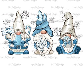 Op de afbeelding: Drie winterkabouters in blauw en wit met sneeuwvlokaccenten. Eén kabouter houdt een bord met "cozy winter", een ander een sneeuwvlok en de derde een mok met slagroom vast.