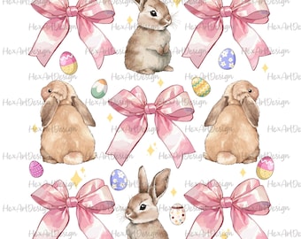 May include: A seamless pattern featuring pink bows, brown bunnies, and colorful Easter eggs. The bunnies are in various poses, including standing and sitting. The eggs are decorated with different patterns and colors.