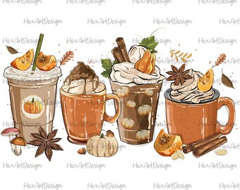 fall coffee cups PNG, pumpkin spice latte, warm cozy autumn, thanksgiving digital file Sublimation design hand drawn Printable Tshirt